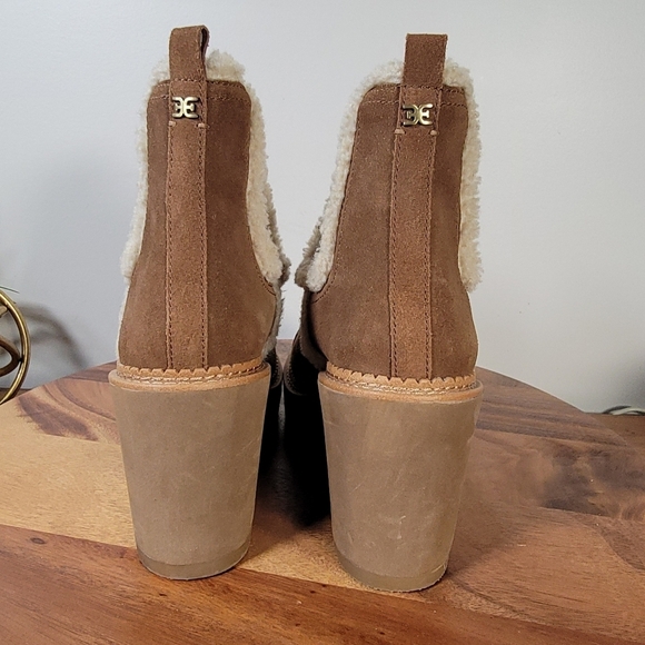 Sam Edelman Reagan Brown Suede Wedge Ankle Boots With Sherpa Trim Size 10 - Picture 5 of 17